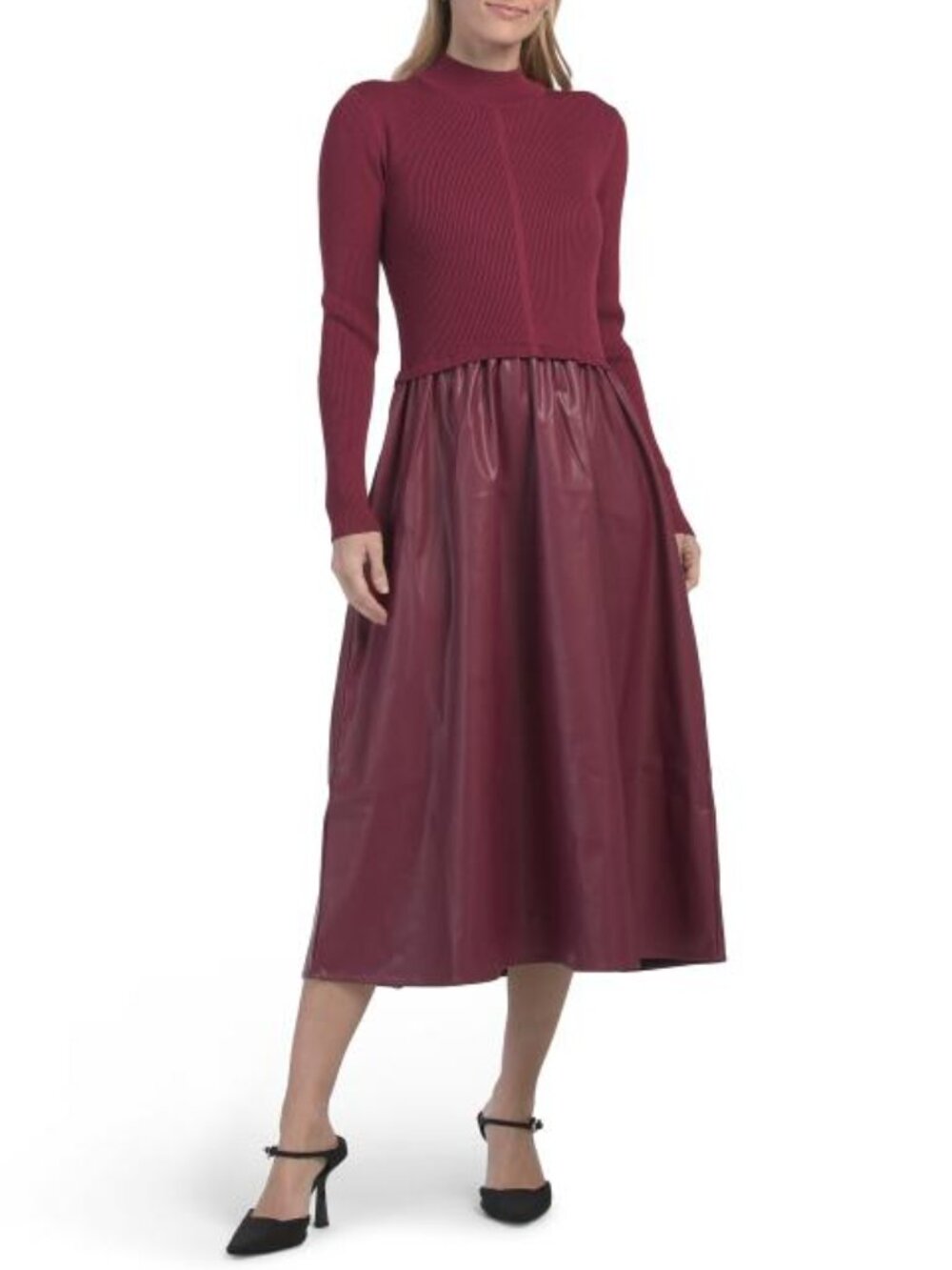 NANETTE NANETTE LEPORE Merlot Twofer Sweater Dress With Faux Leather Skirt